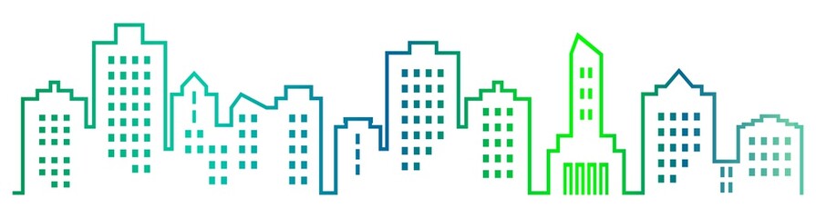 Sillhouette of town, group of high-rise houses with windows. Multicolored vector icon.  Blue and green colors.