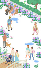 梅雨の紫陽花と人々の生活風景(街並み、町並み)のベクターイラスト縦(アイソメトリック、アイソメ)