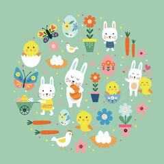Happy easter pattern with cute bunny, egg, flower, branch, chicken with colorful