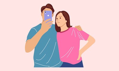 Couple in love. Boy selfie with girl. Design vector illustration