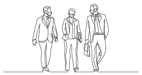 continuous line drawing of business team walking together discussing work wearing face masks