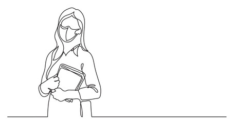 teacher wearing face mask with books - continuous line drawing