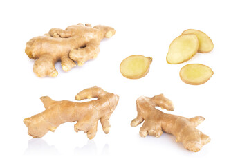 Set of Fresh ginger root with slice and power islolated on white background for herb and medical product concept