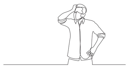 continuous line drawing of standing confused man in shirt wearing face mask