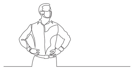 continuous line drawing of standing confident man wearing face mask
