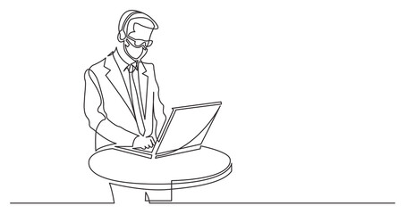 continuous line drawing of standing call center worker with laptop computer wearing face mask