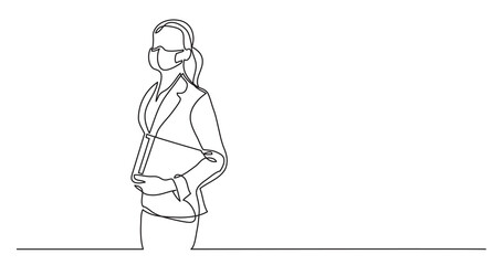 teacher wearing face mask with books - continuous line drawing