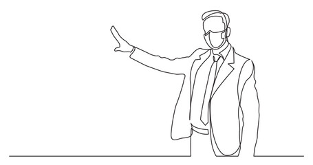 continuous line drawing of standing businessman showing with his hand wearing face mask