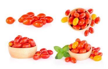 Set of Cherry tomatoes and pepermint in wood bowl isolated on white background, food healhty concept