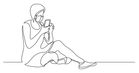 continuous line drawing of sitting young woman wearing face mask reading smart phone