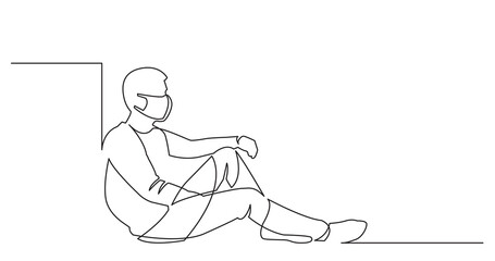 continuous line drawing of sitting man wearing face mask