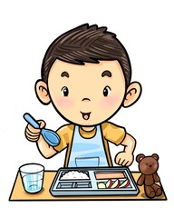 The little boy is eating food and playing with toys.