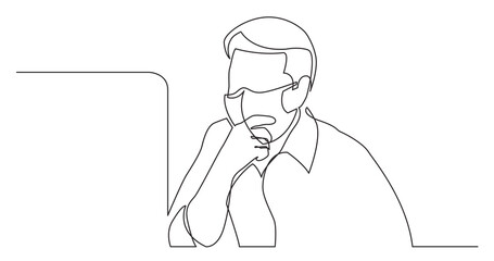 continuous line drawing of computer worker focused on work wearing face mask