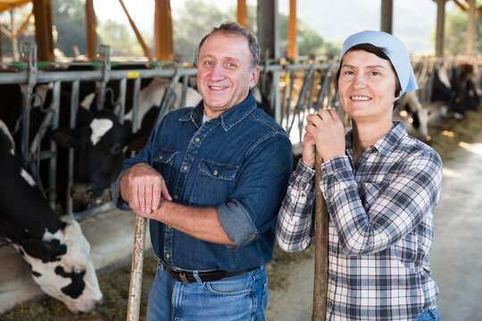Smiling male and female workers posing on cow farm