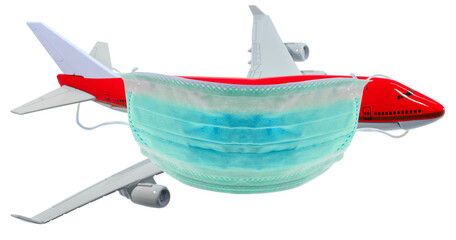 masque Chirurgical accroché sur avion de ligne, concept évacuation sanitaire 