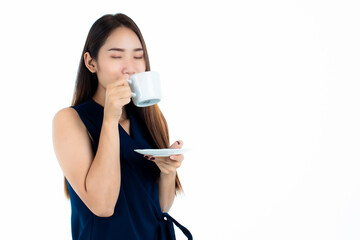 Happy Asian woman enjoying hot drink