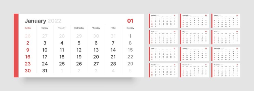 Monthly calendar template for 2022 year. Week Start on Sunday. Wall calendar in a minimalist style.