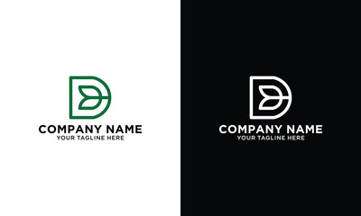 letter D leaf logo design vector template on a black and white background.