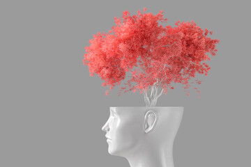 The concept of self-knowledge, meditation and personal growth. The white head of a woman in the form of a flower pot from which a tree grows. 3d illustration