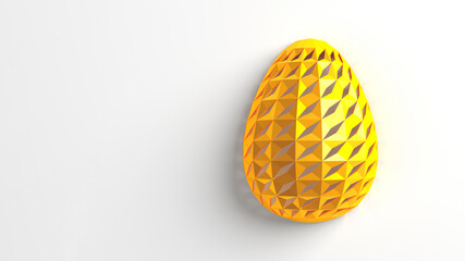 Easter concept. One single white golden egg with geometric original changing patterns on the surface on a white background. 3d illustration