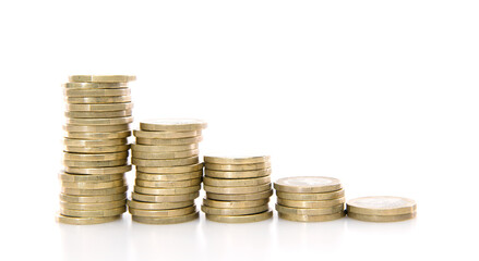A row of euro coins on a white background