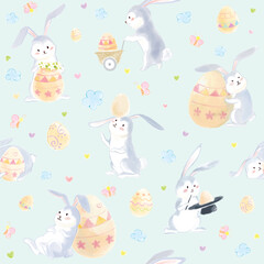 Obraz na płótnie Canvas Easter rabbits with egg seamless pattern for kids apparel, fabric, wrapping paper. watercolour style.