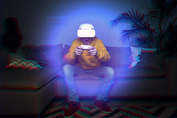 Man playing game at home using vr headset