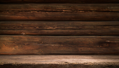 Selected focus empty brown wooden table and wall texture or old black brick wall blur background image. for your photomontage or product display