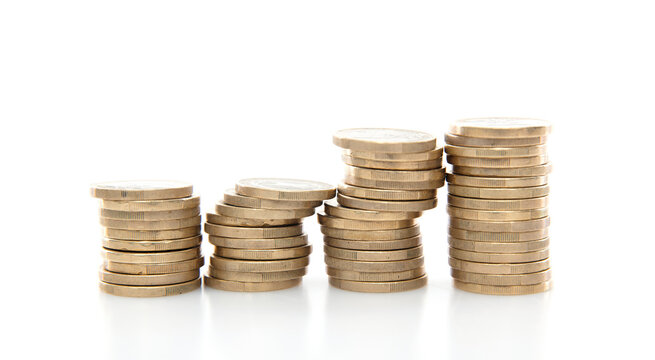 A row of euro coins on a white background