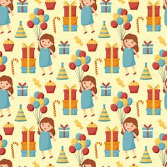 Birthday gift boxes, garlands flat vector seamless pattern. Hand drawn background for a party, holiday for children