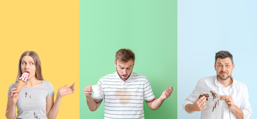 Stressed people with stains on their clothes against color background