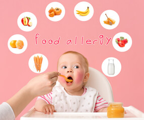 Mother feeding her little baby against color background. Concept of food allergy