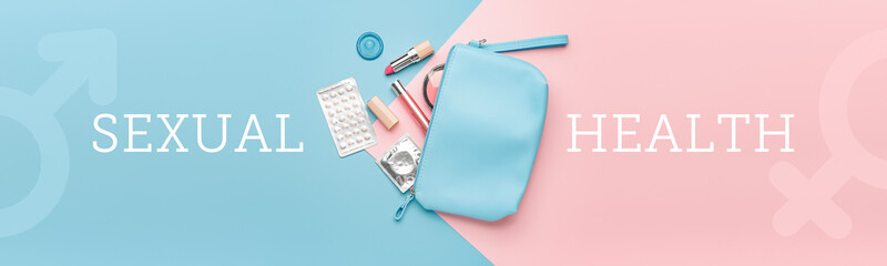 Female bag with contraceptive pills, condom and makeup cosmetics on color background. Concept of...