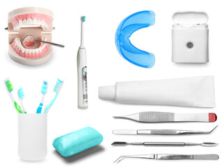 Set of dental supplies on white background