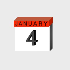 January 4. 3D daily calendar icon .date ,day, month .calendar for the month of January