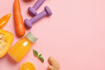 Healthy products, dumbbells and bottle of juice on color background