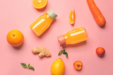 Healthy products and bottles of juice on color background