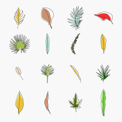 Collection of one line drawing art with tropical leaves Vector