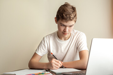 Onlay is a drawing lesson. A teenage boy draws a pencil in an album, in front of him are pencils and a laptop stands.