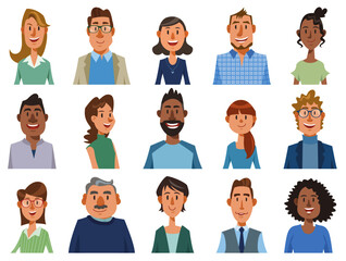 Casually dressed men and women are smiling. Set of diverse peoples faces on white background. Vector illustration in flat cartoon style.