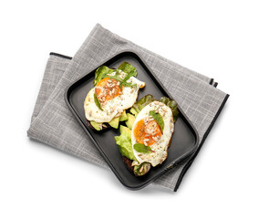 Food tray with fresh tasty bruschettas on white background