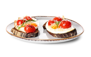 Plate with fresh tasty bruschettas on white background