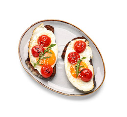 Plate with fresh tasty bruschettas on white background