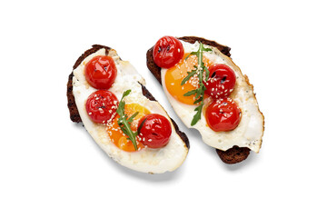 Fresh tasty bruschettas on white background