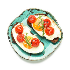 Plate with fresh tasty bruschettas on white background