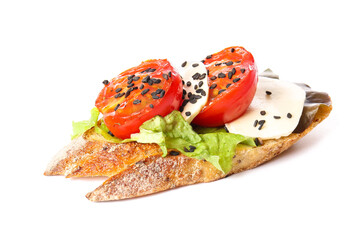 Fresh tasty bruschetta on white background
