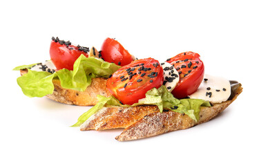 Fresh tasty bruschettas on white background