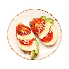 Plate with fresh tasty bruschettas on white background