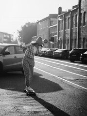 Stylish girl rides a skateboard
