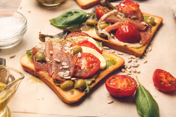 Fresh tasty bruschettas on grunge background